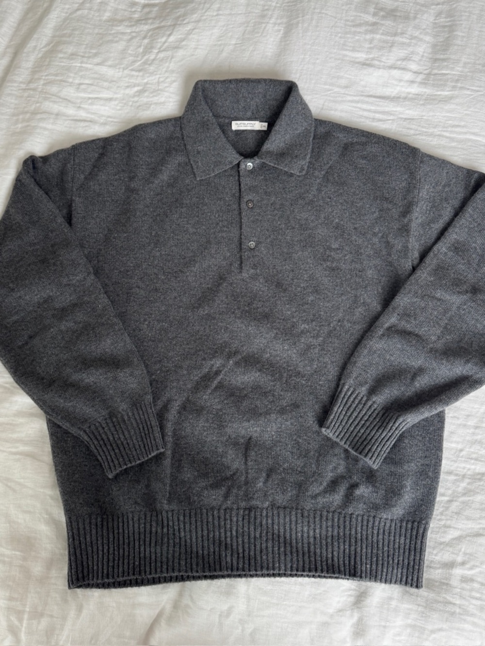 Suitsupply Gray Cashmere Long-Sleeve Polo Sweater